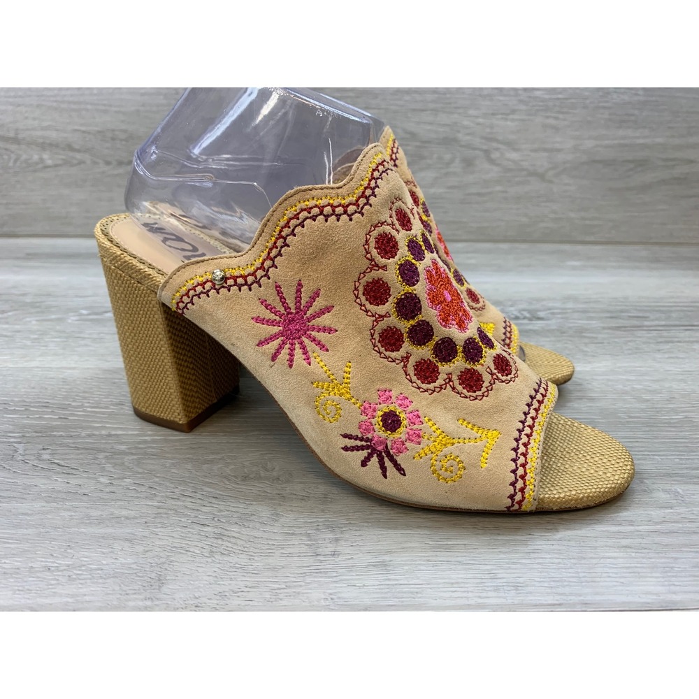 Sam Edelman Embroidered Suede Block Heel Mules Tan Floral Size 10